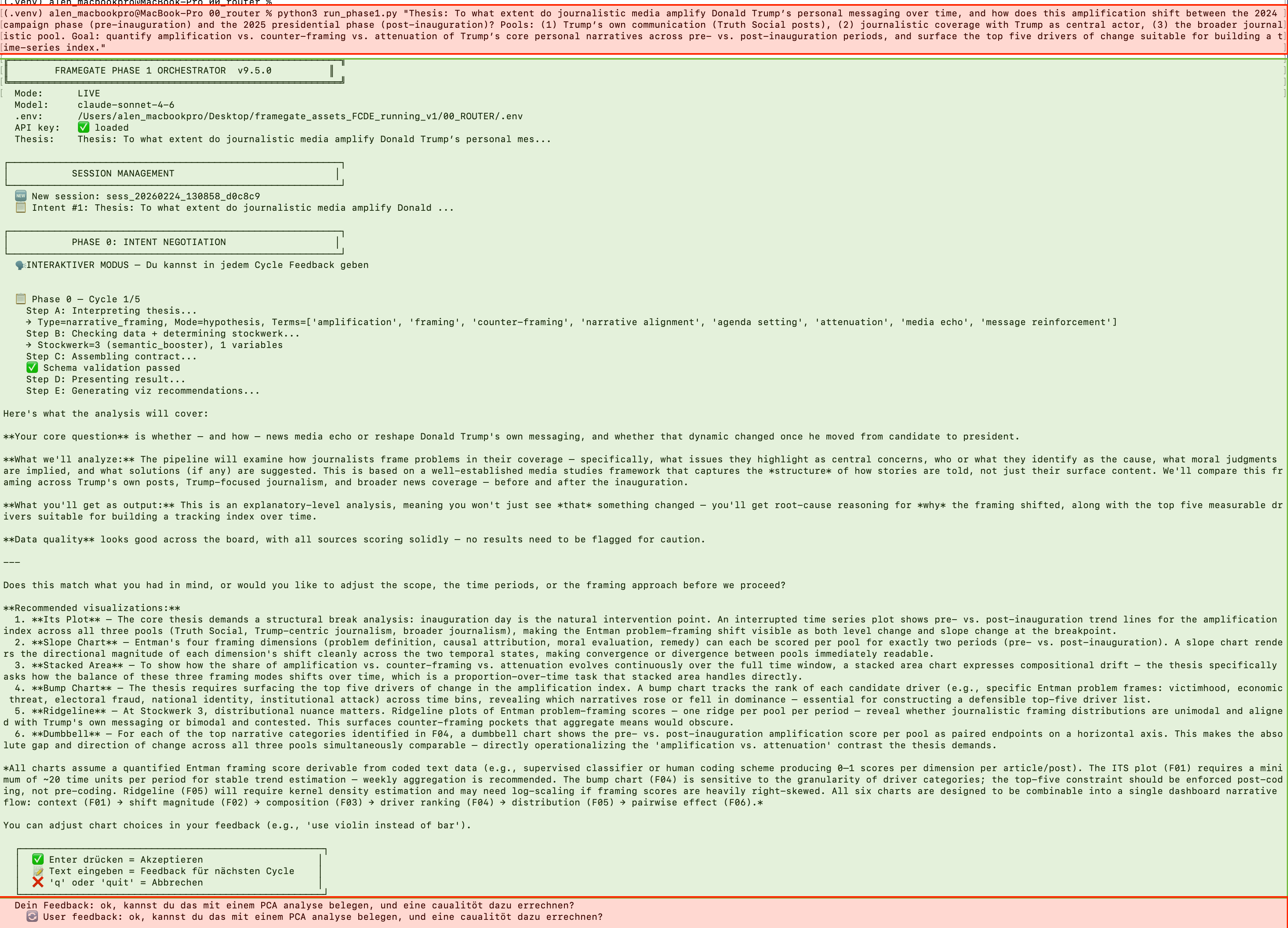 LIZ in Action: Cycle 1 — User submits a thesis in red, LIZ responds with a structured analysis plan in green