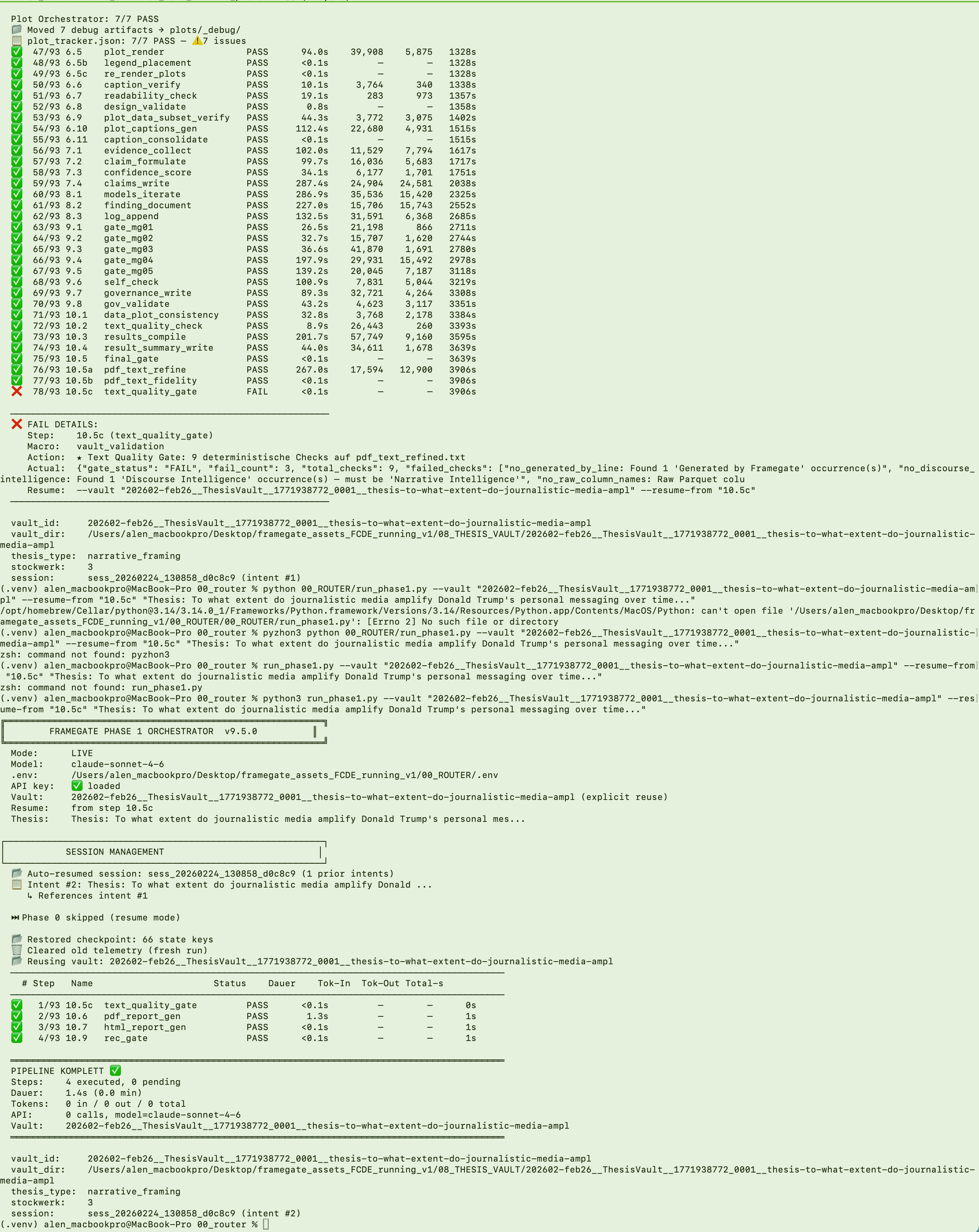 LIZ in Action: Text Quality Gate fails with 3 checks, pipeline stops automatically, manual fix applied, resume from checkpoint, pipeline completes with PDF and HTML output
