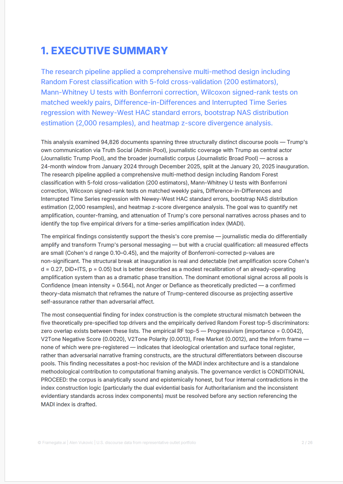 FRAMEGATE Thesis Report: Executive Summary showing methods, verdict, and core findings