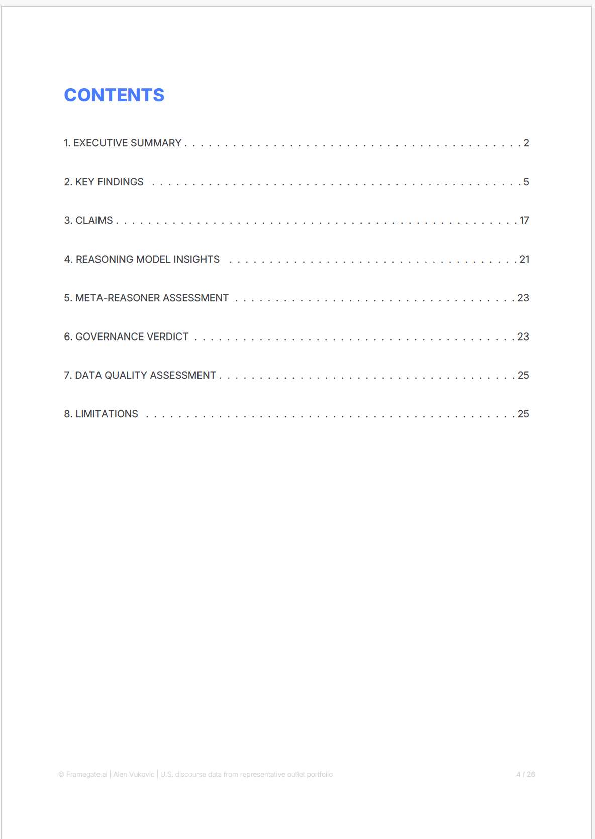 FRAMEGATE Thesis Report: Table of Contents showing 8 sections across 26 pages